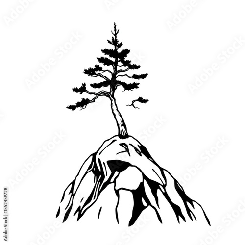 A solitary pine atop a rocky outcrop