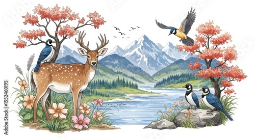 Serene Mountain Landscape with Wildlife and Cherry Blossoms