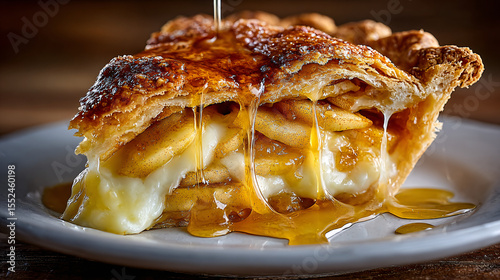 Close-up of a gooey apple pie slice oozing warm caramel and cream on a plate 
