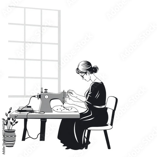 A seamstress embroidering by window light