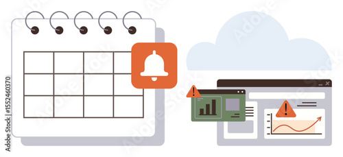 Calendar with a bell notification icon and a dashboard showing graphs, charts, and error alerts. Ideal for schedule management, reminders, deadlines, analytics, notifications, error tracking
