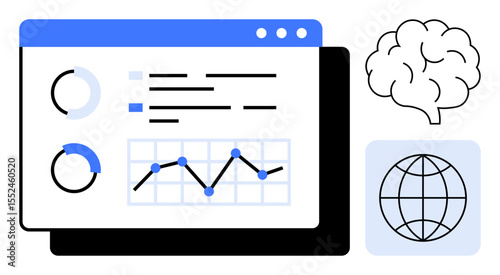 Analytics dashboard with charts, graphs, and brain symbolizing data-driven insights, intelligence, global connections. Ideal for technology, business, education, AI research marketing and strategy