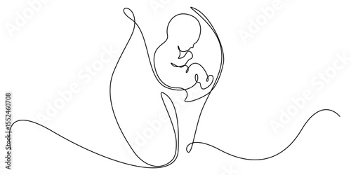 one continuous line of baby in the womb.single line art of baby in the mother's womb.isolated white background