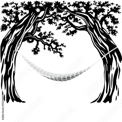 A rope hammock swaying gently between two oak tree...