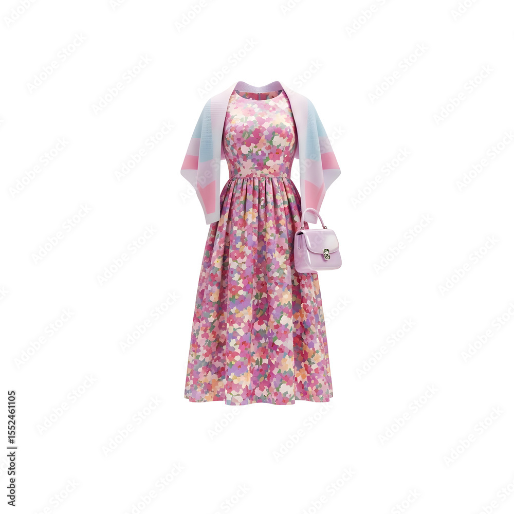 Obraz premium Floral Dress And Pastel Shawl With A Handbag Against A Transparent Backdrop