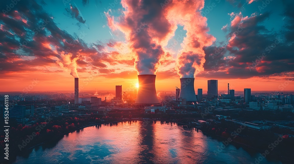 A stunning sunset over an industrial landscape with power plant. Smoke stacks fill the sky with a vibrant orange and red hue, while the river below mirrors the scene. A stunning sunset over an industrial landscape with power plant. Smoke stacks fill the sky with a vibrant orange and red hue, while the river below mirrors the scene.