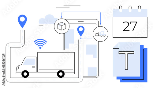 Delivery truck on a mapped route, GPS pins, calendar, wireless connection, tablet view. Ideal for logistics, shipment tracking, supply chain, e-commerce scheduling fleet management simple landing