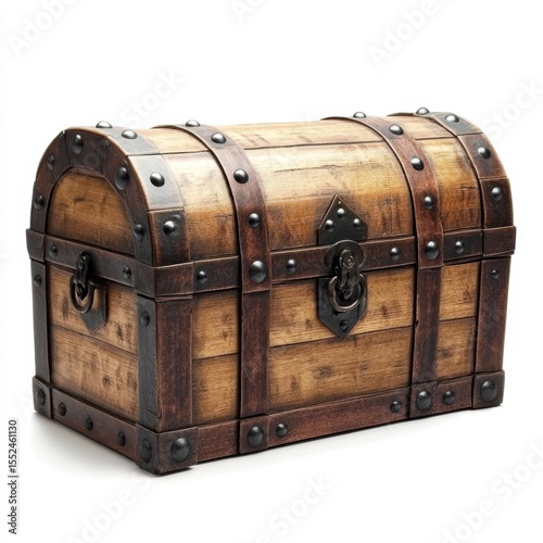 Antique wooden treasure chest with metal accents and latch isolated on white background