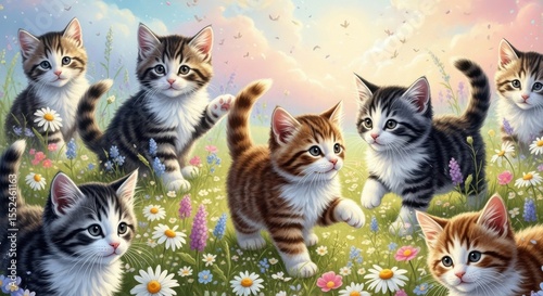 A Delightful Gathering of Adorable Kittens Playing in a Vibrant Summer Meadow Surrounded by Flowers and Gentle Sunlight