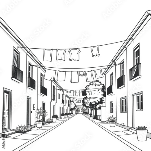 A residential street where laundry flutters on was...