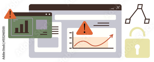 Graphs showing analytics trends alongside warning signs, lock icon, and network structure. Ideal for cybersecurity, data protection, risk analysis, privacy, IT operations, business warnings simple