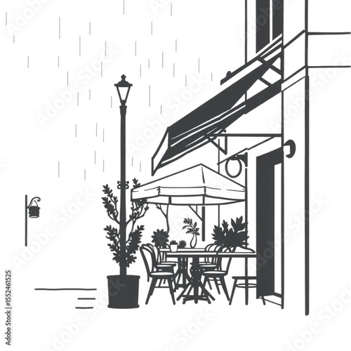 A quiet street café with rain pattering on awnings