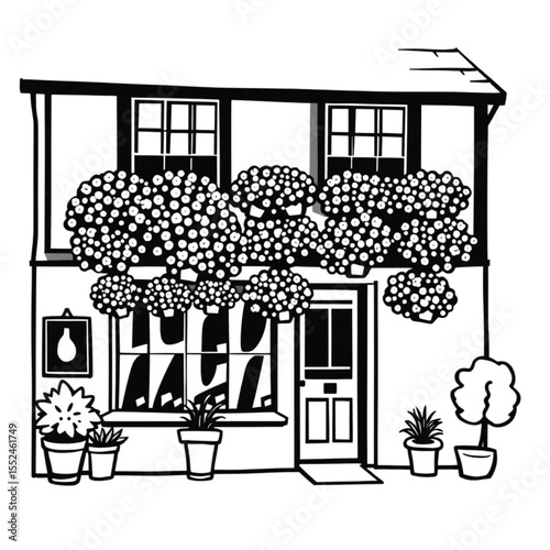 A public house with hanging baskets of flowers