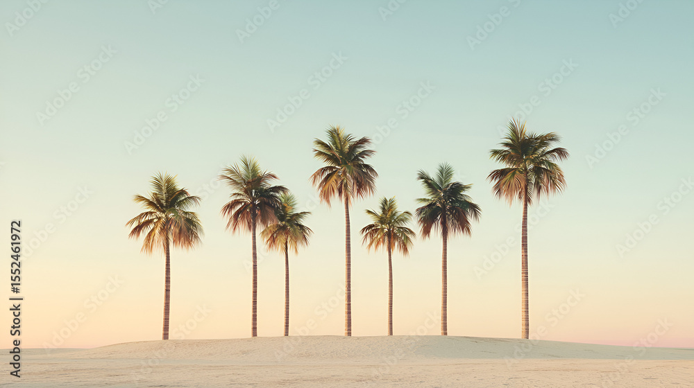 Fototapeta premium Palm Trees at Sunset: A row of palm trees on a sandy dune against a pastel sunset sky.