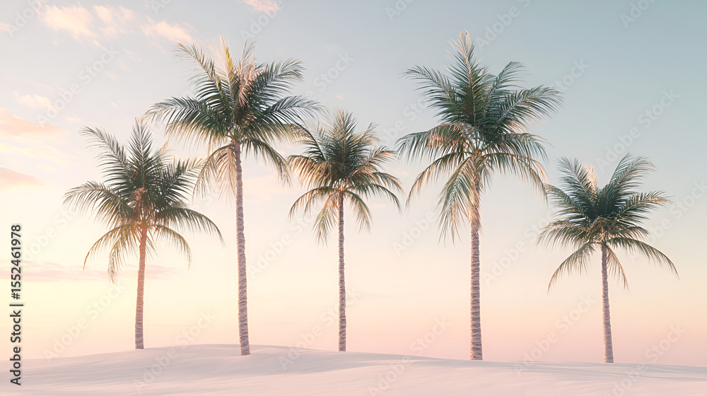 Obraz premium Palm trees stand silhouetted on a sandy beach against a soft, pastel sunset, creating a serene scene.