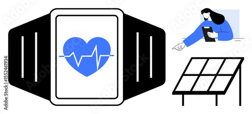 Smartwatch with heartbeat icon, figure analyzing data on a tablet, solar panel setup. Ideal for health tech, green energy, wearable tech, digital monitoring, data analysis, sustainability simple