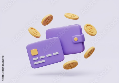 3d render of purple wallet and credit card with coins