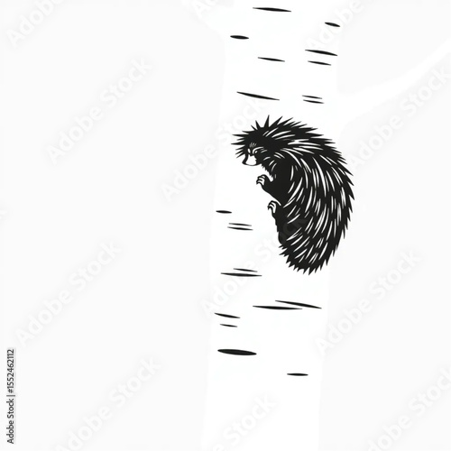 A porcupine climbing slowly up a birch tree