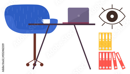 Office desk and chair with laptop, coffee cup, stack of colorful document folders, eye diagram for vision or focus. Ideal for productivity, organization, remote work, creativity, professionalism