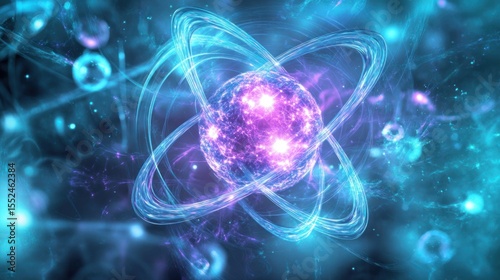 Atomic structure, vibrant, glowing, swirling energy
