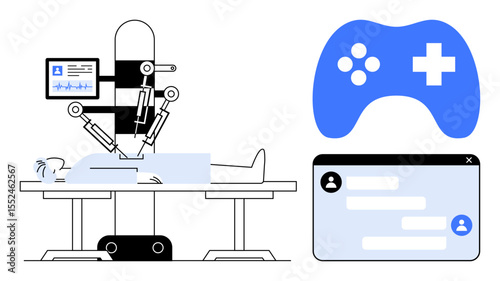 Robotic arms performing surgery on a patient, blue gaming controller symbolizing remote control, and digital chat window. Ideal for healthcare, technology, gaming, innovation, robotics, virtual
