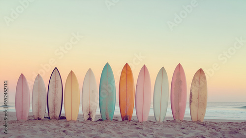 Surfboards stand in the sand at the beach, ready for surfing the waves during a sunset.