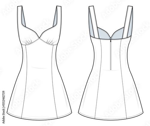 Sleeveless Fitted Mini Dress Technical Fashion Illustration. Bodycon Dress with Panel Line Detail Vector Template. Mid-Thigh Length. Front and Back View. Women’s Wear. Clean Silhouette. CAD Mockup set