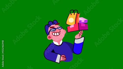 A cartoon character holding up gift box and man in blue shirt an illustration of bunch presents his hand with megaphone green screen animated chromakey background layers frame cartoonish