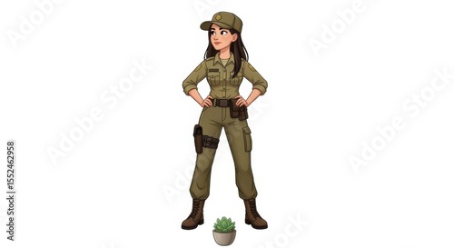 Pixel Art Female Soldier Standing Confidently in Military Uniform with a Small Potted Plant