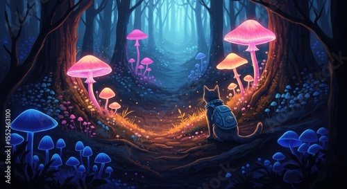 Mystical forest path illuminated by glowing mushrooms with a lone cat observing the enchanting scene