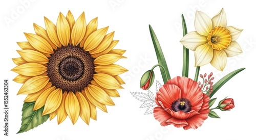 Beautiful Yellow Sunflower with Red Poppy and White Daffodil Floral Arrangement