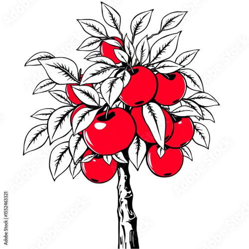 An apple tree heavy with crimson fruit