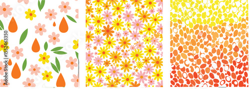 Set of seamless ditsy patterns with various wild meadow flowers. Сolourful cute floral summer backgrounds. Lovely design for wrapping, textile, cover, print, banner, greeting card, label, wallpaper.