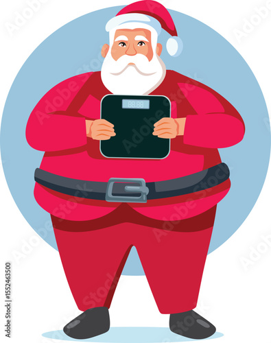 Santa Claus Holding a Scale Worried About Weight-Gain Vector Character. Santa gaining excess weigh after eating traditional food on holidays 
