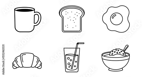 Outline drawing of breakfast food items including coffee toast egg juice cereal and croissant aligned