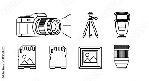 Collection of photography equipment including camera, tripod, flash, and memory cards outlined in image