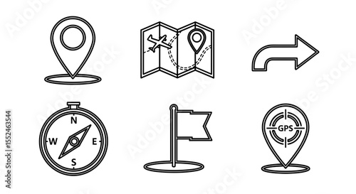 Collection of six navigational icons including map, compass, gps and location pin markers
