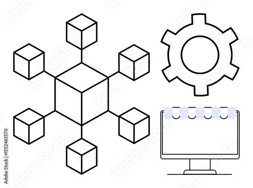 Blockchain structure, gear for process automation, monitor for digital interface. Ideal for technology, innovation, blockchain, automation, networking, data systems simple landing page