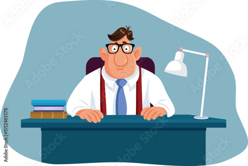 Happy Businessman Working at his Desk Vector Cartoon Illustration. Old school corporate boss smiling acting professional in the office 
