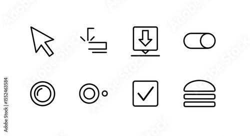 Collection of eight distinct outline icons arranged in two rows featuring cursor and food items