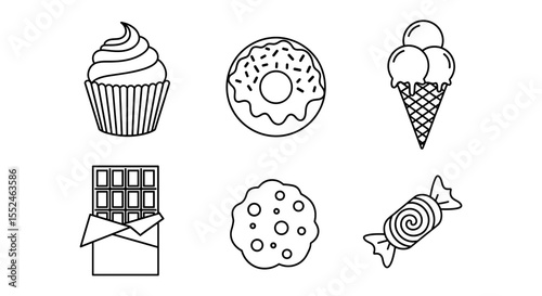 Collection of outlined sweets including cupcake donut ice cream chocolate cookie and wrapped candy icons