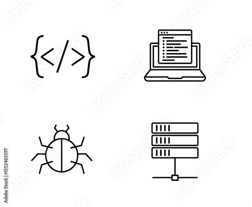 Outline icons representing code, laptop with code, bug, and server data, all in a digital graphic