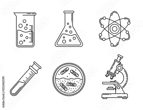 Outlined science equipment including beaker, flask, atom, test tube, petri dish and microscope
