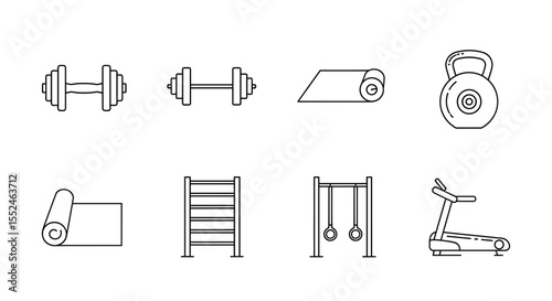 Collection of fitness equipment including dumbbells mat kettlebell ladder and treadmill workout items