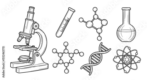 Illustration showcasing scientific equipment and molecular structures in a line drawing style art