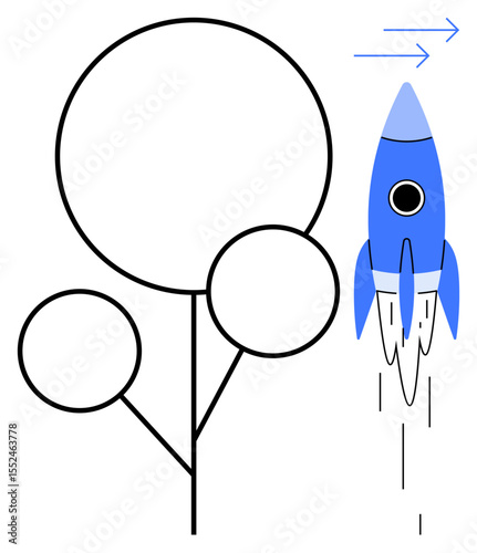 Blue rocket launching upward beside minimal tree expanding with curves and circles. Ideal for innovation, growth, progress, sustainability, technology, science, creative thinking. Simple flat