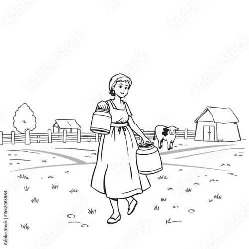 A milkmaid carrying pails across a farmyard