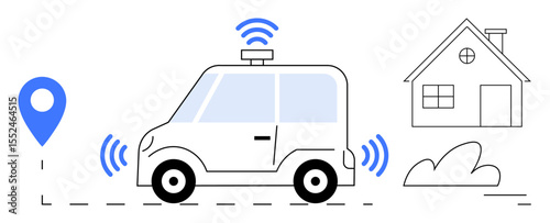 Self-driving car with GPS marker, signal waves, and a nearby house. Ideal for smart technology, GPS, AI, transportation innovation, connectivity, automation mobility simple landing page
