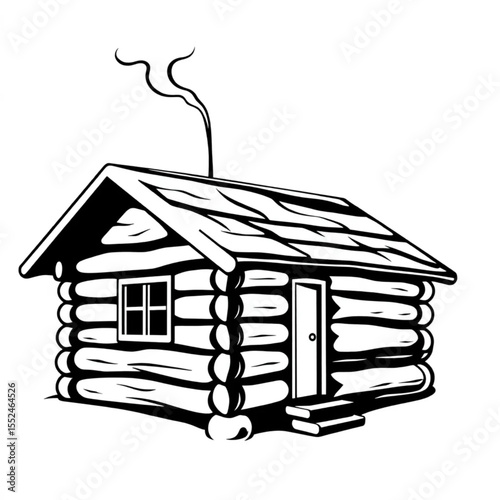 A log cabin with smoke rising from the chimney