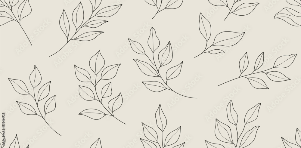 Fototapeta premium Seamless pattern with one line leaves. Vector floral background in trendy minimalistic linear style.